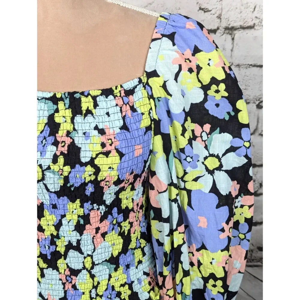 FREE PEOPLE Ariana Smocked Floral Top Boho Cottage Hippie Festival Cropped Small